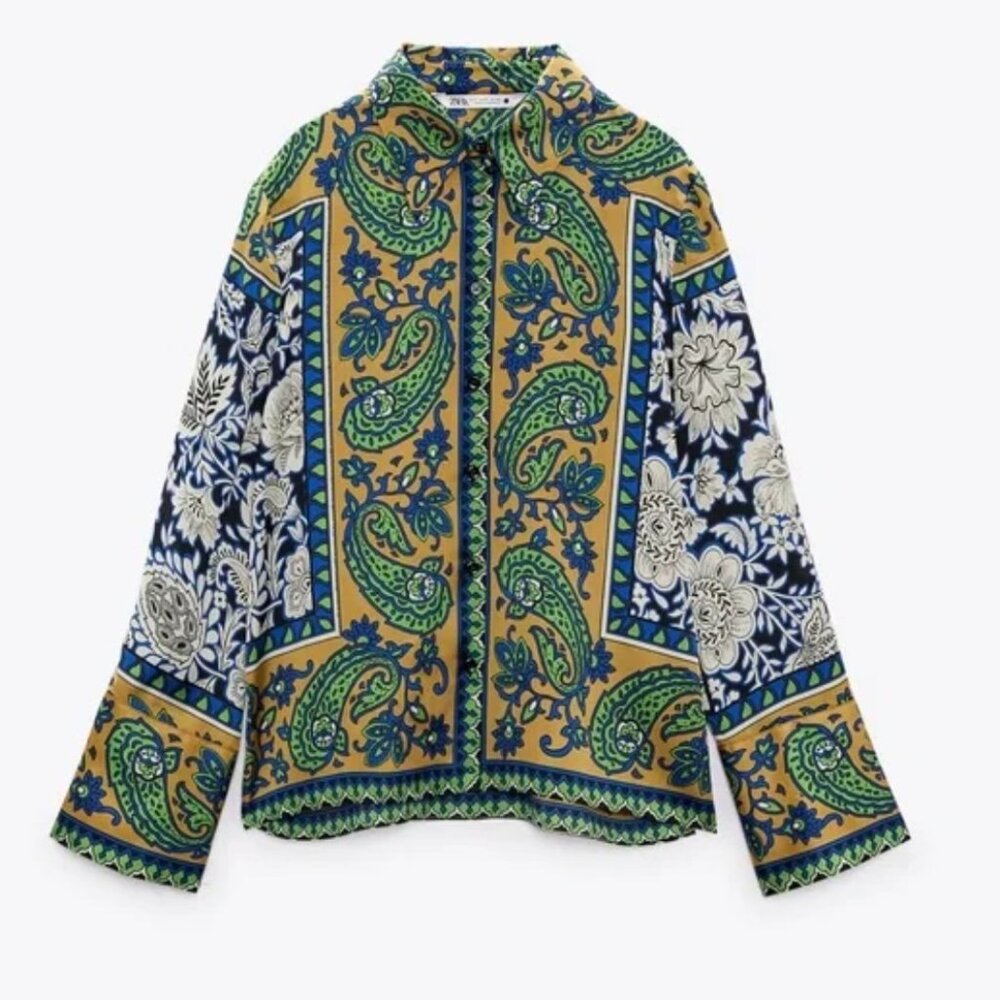 ZARA Flowy Printed Shirt, Multicolor Green Paisley, Size XS